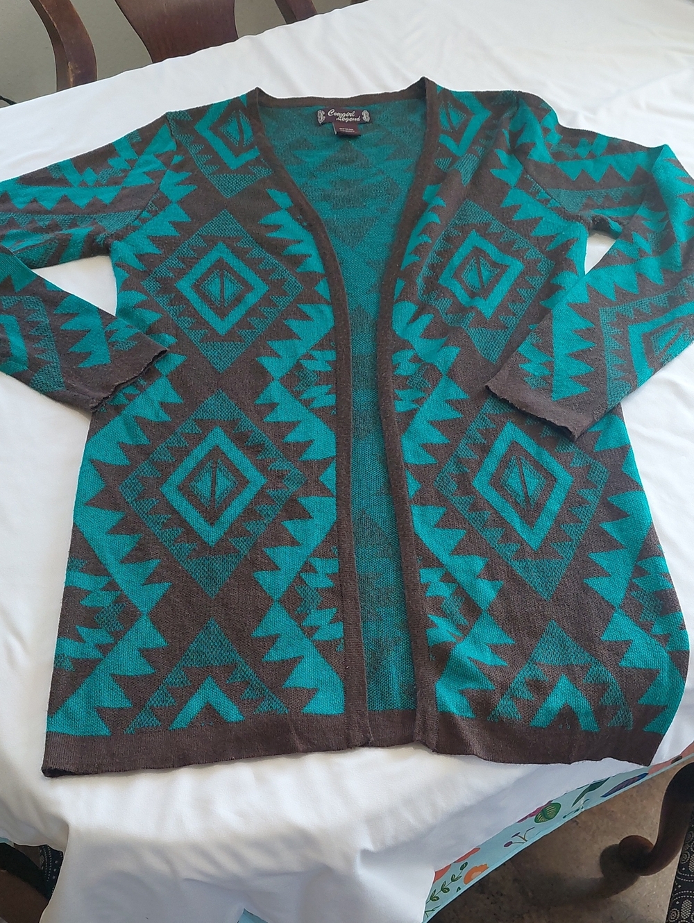Cowboy Legends Cozy Aztec Open-Front Cardigan Sweater - Teal and Brown.Size L